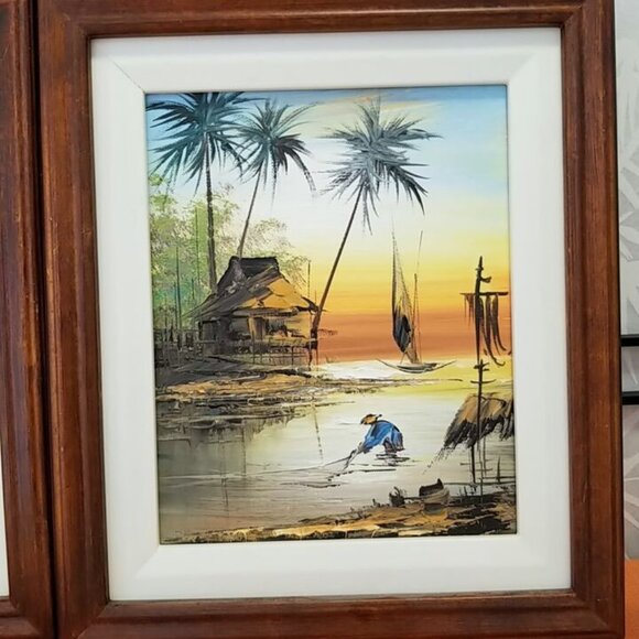 Asian "Fishing River And Landscape Scene" Oil Painting - Framed Set of 2 - 8x10" - Picture 3 of 3